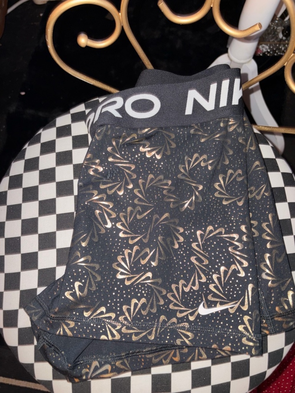 Nike Black Shorts with Gold Swirl Print - Kids